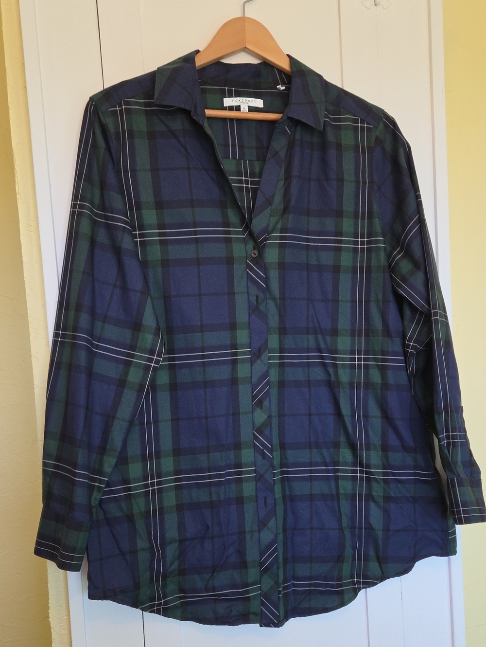 Foxcroft Navy and Green Plaid Button-Down Shirt Size 16